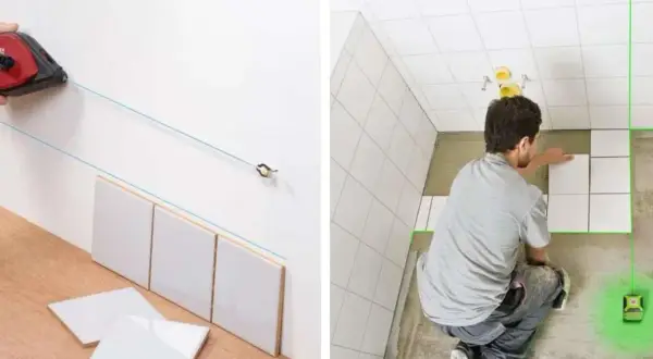 Pose d'un carrelage au sol et au mur avec un laser de chantier pour un calepinage parfait.