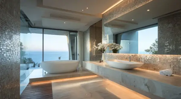 Bain moderne avec baignoire îlot et double vasque, vue sur la mer.