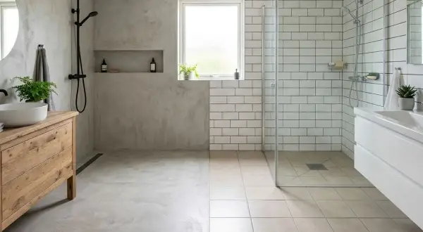Salle de bain moderne avec béton ciré sur un mur, montrant un inconvénient potentiel : la saleté visible. Douche carrelée à côté.