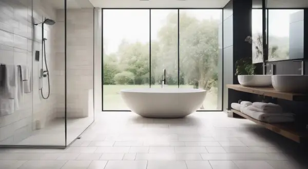 Salle de bain moderne avec baignoire îlot, douche vitrée et double vasque. Le sol de salle de bain blanc immaculé reflète la lumière naturelle.