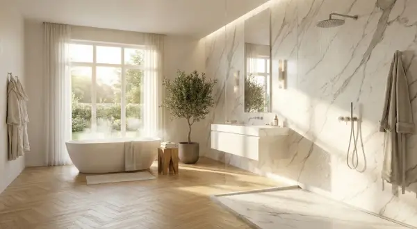 Élégante salle de bain marbre avec baignoire, douche et lavabo. Lumière naturelle douce.