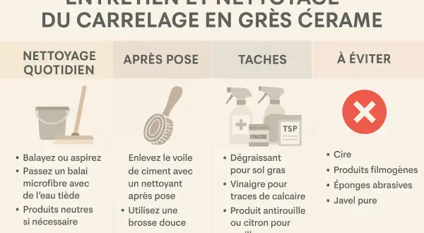 Guide pour nettoyer grès cérame encrassé : entretien quotidien, après pose, taches et produits à éviter.