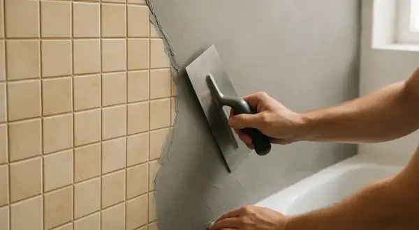 Application d'enduit pour recouvrir le carrelage de la douche. Un artisan lisse le mur avec une truelle.