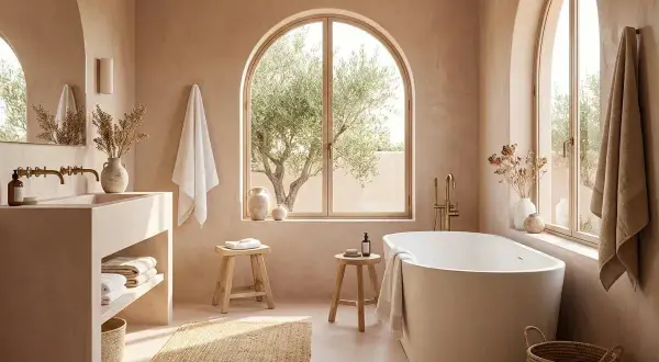 Salle de bain épurée avec baignoire îlot, lavabo en béton et vue sur un olivier. Une ambiance zen pour recouvrir le carrelage de votre salle de bain.
