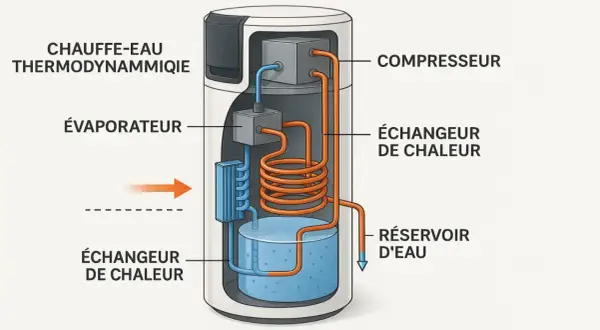 Schéma d'un chauffe-eau thermodynamique montrant le compresseur, l'évaporateur, les échangeurs de chaleur et le réservoir d'eau.