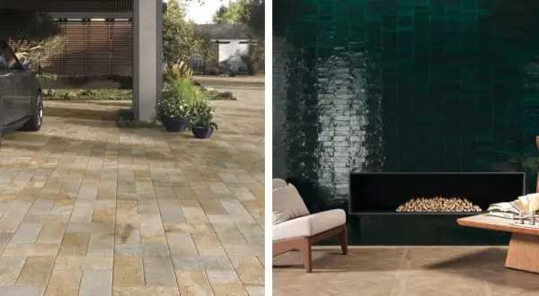 Allée de voiture en pavés et mur intérieur en carreaux verts profonds. La sous couche carrelage assure la durabilité.