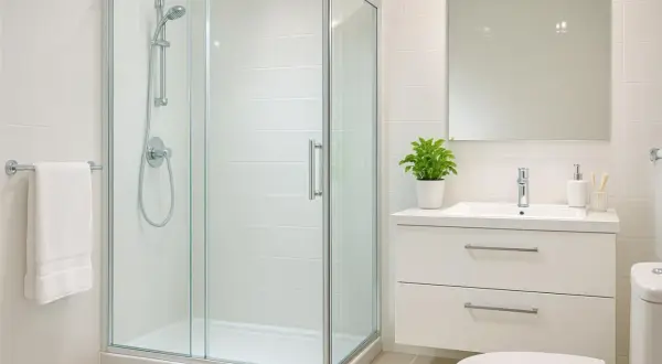 Salle de bain moderne avec douche vitrée, lavabo, miroir et WC. Idéal pour un nettoyage facile et une ambiance zen.