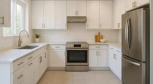 Cuisine moderne avec armoires blanches, évier, cuisinière et réfrigérateur en acier inoxydable, sur un sol en carrelage blanc.