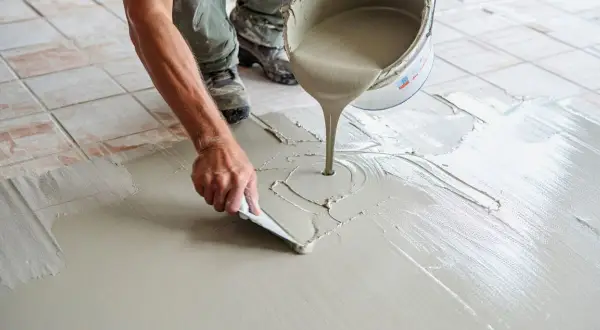 Application de béton ciré sur carrelage sol. Un ouvrier étale le produit avec une spatule, créant une surface lisse et moderne.