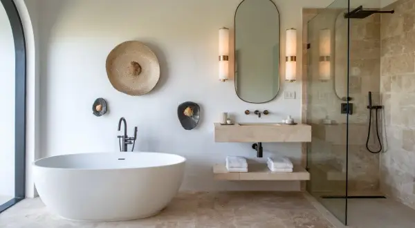 Salle de bain moderne avec baignoire îlot, lavabo en pierre et douche à l'italienne. Le sol et les murs de la douche sont en travertin 1er ou 2ème choix, apportant une touche naturelle et élégante.