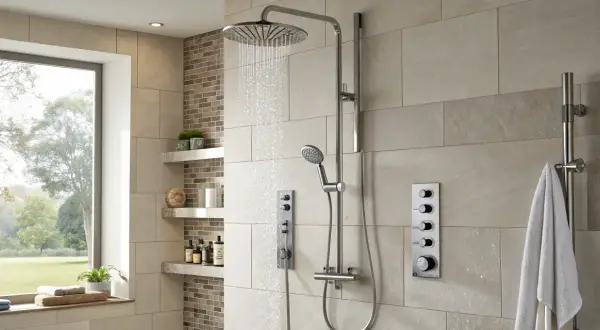 Colonne de douche moderne avec douchette et thermostat, idéale pour choisir sa colonne de douche parfaite.
