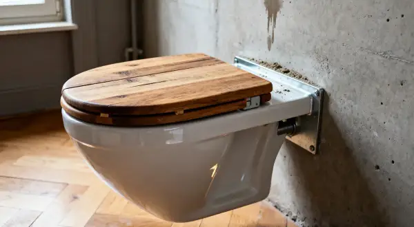 WC suspendu avec abattant en bois, une solution moderne pour optimiser l'espace. La hauteur du WC suspendu est idéale pour un nettoyage facile.