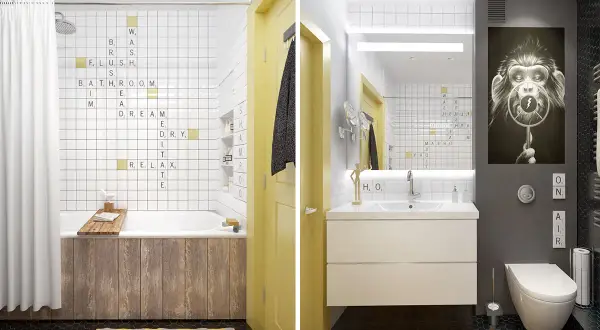 Une salle de bain enfant ludique avec des mots à la scrabble sur les murs. Une idée originale pour une décoration joyeuse et interactive.