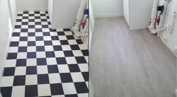 Comparaison avant/après : un carrelage moche à damier noir et blanc remplacé par un revêtement gris imitation bois.