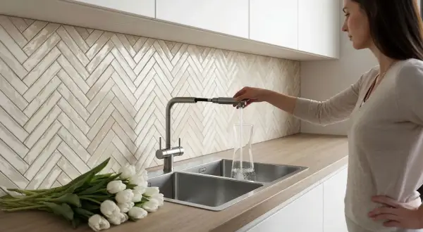 Une femme remplit un verre d'eau dans un évier de cuisine moderne. Lequel est la meilleure matière pour un évier de cuisine ? Le métal semble pratique.