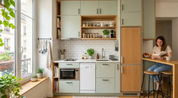 Une femme lit un livre dans une petite cuisine lumineuse avec des armoires vert pâle et des accents en bois.