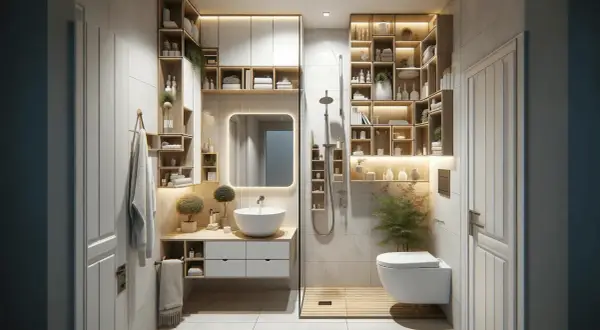 Plan salle de bain moderne avec lavabo, miroir, douche et toilettes suspendues. Étagères en bois clair pour le rangement.