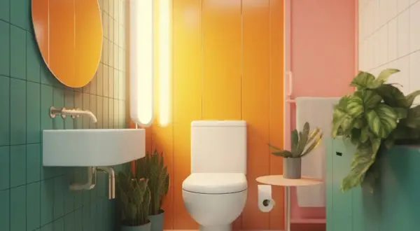 Salle de bain colorée avec lavabo, toilettes et plantes. Une décoration toilette moderne et vibrante.
