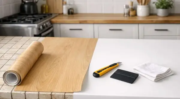 Rouleau de revêtement imitation bois prêt à recouvrir un plan de travail carrelé. Outils de pose à proximité.