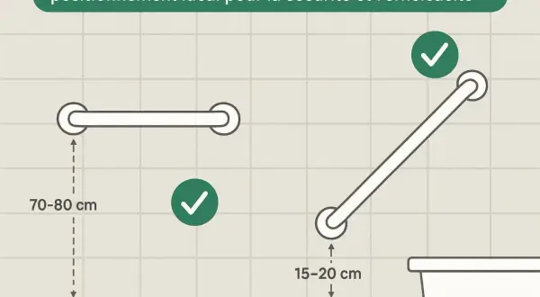 Schéma montrant les dimensions idéales pour les barres d'appui dans un wc pmr : 70-80 cm de hauteur pour une barre horizontale, 15-20 cm pour une barre inclinée.