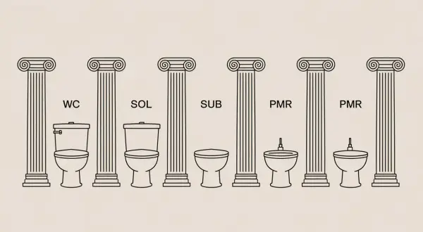 Comparaison de la hauteur sortie wc : WC, SOL, SUB, PMR. Différents modèles de toilettes présentés sous des colonnes antiques.