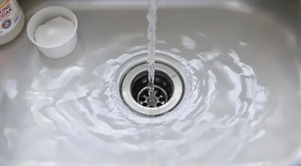 Eau courante dans un évier, avec une tasse de bicarbonate de soude à côté, pour déboucher le lavabo.