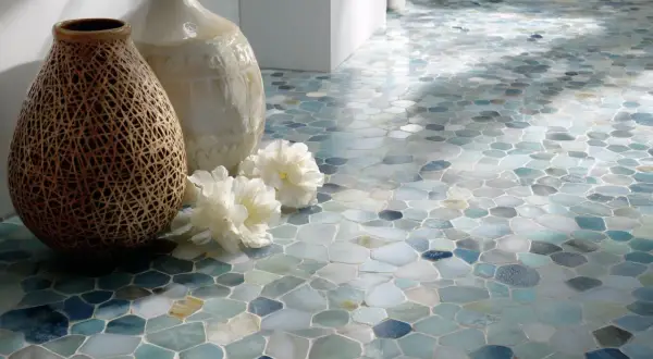 Un sol en pose mosaïque aux tons aquatiques, orné de deux vases et de fleurs blanches.