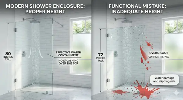 Comparaison de la hauteur paroi de douche : 80 pouces pour une bonne étanchéité, 72 pouces entraînant des éclaboussures et des risques.
