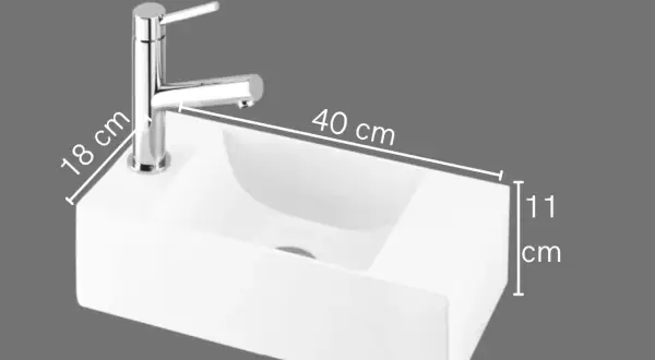 Lavabo suspendu HAMBOURG blanc, 40 cm de long, 18 cm de hauteur du robinet, 11 cm de profondeur.