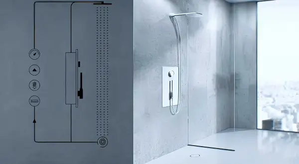 Schéma d'une douche moderne avec un système de douche recyclage eau. Le design épuré et la technologie innovante promettent une expérience de bien-être durable.