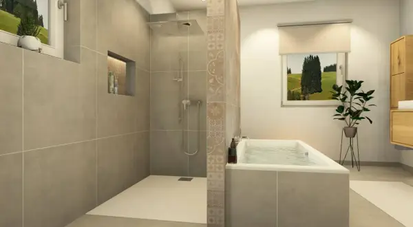 Salle de bain moderne avec douche à l'italienne spacieuse et baignoire. La dimension douche italienne est bien pensée pour un confort optimal.
