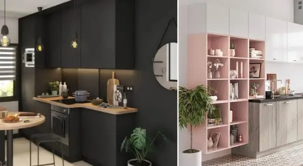 Cuisine salle à manger en longueur avec meubles noirs modernes et étagères roses décorées.