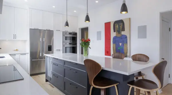 Exemple de cuisine moderne avec îlot central gris, chaises en bois courbé, tableau abstrait et tulipes rouges.