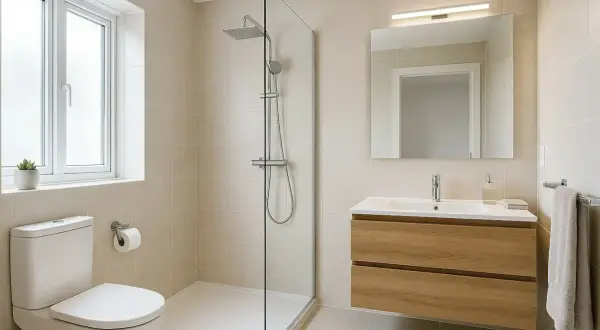 Salle de bain moderne avec douche à l'italienne, meuble vasque en bois, miroir et fenêtre. Idéal pour un remplacement baignoire par douche.