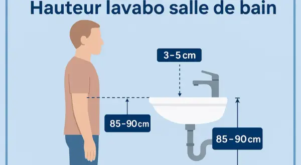 Illustration showing the ideal hauteur meuble salle de bain. Le lavabo est à 85-90 cm du sol, et le robinet dépasse de 3-5 cm.