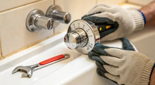 Main d'un bricoleur en gant essayant de réparer un robinet thermostatique bloqué chaud, avec une clé à molette à proximité.