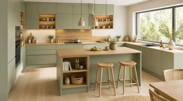 Cuisine vert d'eau et bois, avec îlot central, tabourets et vaisselle. Un espace lumineux et naturel pour cuisiner.