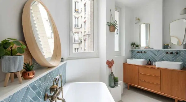 Salle de bain moderne avec baignoire, double vasque sur meuble vintage et carrelage mural en zellige bleu canard.
