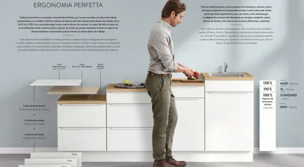 Un homme prépare des légumes dans une cuisine moderne. Le système offre une hauteur de travail personnalisable pour une ergonomie parfaite.