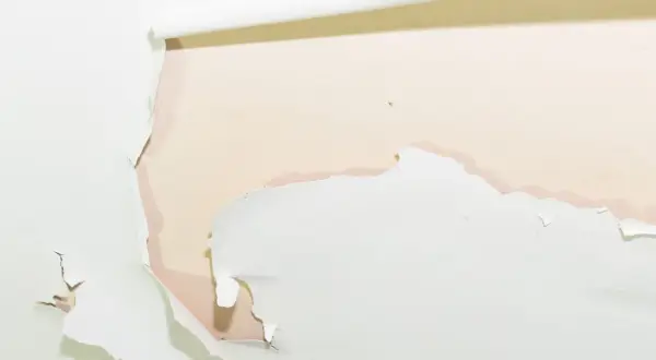 Détail d'une peinture qui s'écaille sur un mur, révélant une couche inférieure rosée. Des lambeaux blancs se détachent, laissant apparaître des traces d'humidité.
