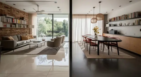 Salon et salle à manger modernes. Le carrelage clair au sol, posé dans le sens de la lumière, agrandit visuellement l'espace.