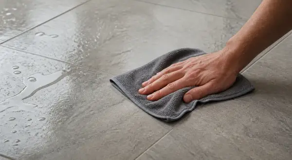 Main tenant nettoie un carrelage poreux avec un chiffon. Le vinaigre blanc est idéal pour ce type de surface.