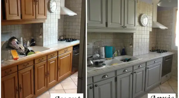 Cuisine avant/après : les meubles en chêne repeints en gris clair transforment l'espace.