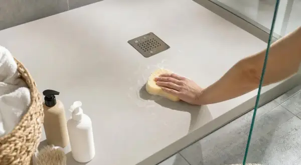 Main d'une personne nettoyant un receveur de douche à éviter avec une éponge. Panier de serviettes et bouteilles de savon à proximité.