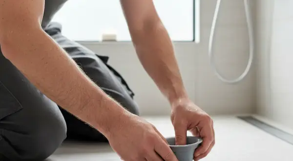 Un homme nettoie le siphon de douche pour éliminer l'odeur de canalisation.