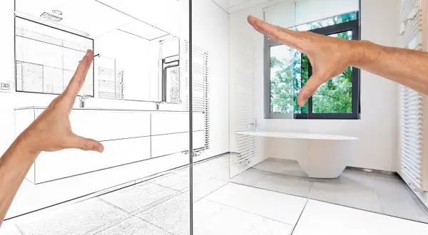 Plan d'une salle de bain moderne avec baignoire îlot et douche sans porte.