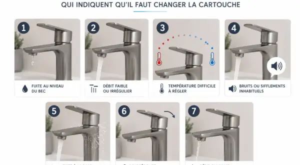 7 signes indiquant qu'il faut changer la cartouche du mitigeur : fuites, débit faible, température instable, bruits, poignée dure.