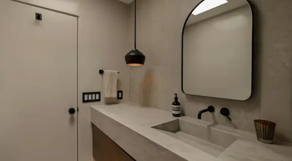 Élégante salle de bain avec un lavabo en **béton ciré** intégré, un miroir arqué et un éclairage moderne.