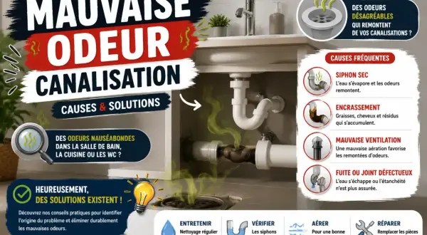 L'image illustre les causes et solutions des mauvaises odeurs de canalisation, avec des conseils pour y remédier.
