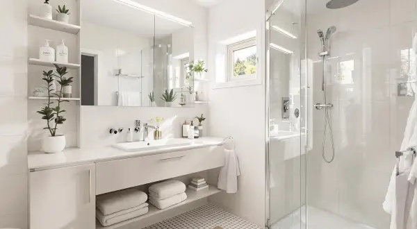 Plan salle de bain 4m2 avec WC : lavabo, douche vitrée, étagères et miroir. Un espace fonctionnel et lumineux.